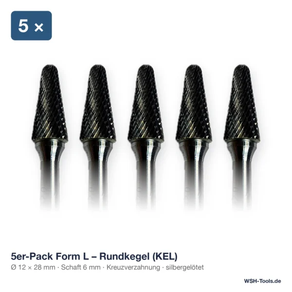 5er-Pack Hartmetall-Frässtift Form L Rundkegel (KEL) Ø 12 × 28 mm, Schaft 6 mm, Kreuzverzahnung
