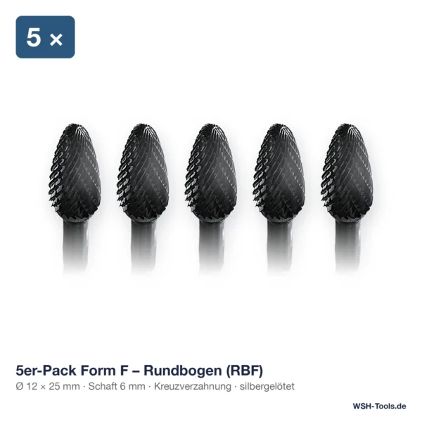 5er-Pack Hartmetall-Frässtift Form F Rundbogen (RBF) Ø 12 × 25 mm, Schaft 6 mm, Kreuzverzahnung