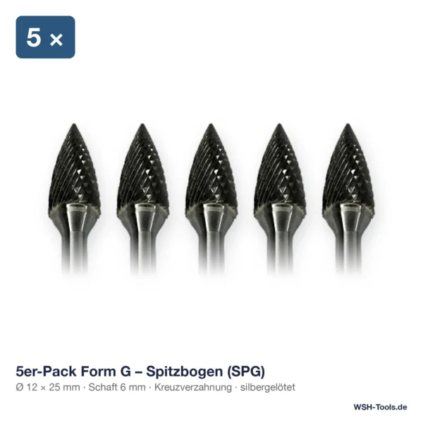 5er-Pack Hartmetall-Frässtift Form G Spitzbogen (SPG) Ø 12 × 25 mm, Schaft 6 mm, Kreuzverzahnung