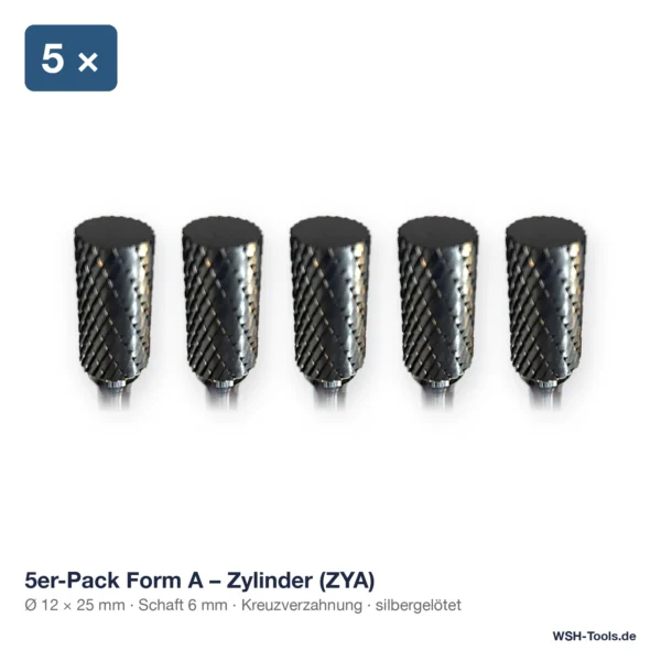 5er-Pack Hartmetall-Frässtift Form A Zylinder (ZYA) Ø 12 × 25 mm, Schaft 6 mm, Kreuzverzahnung