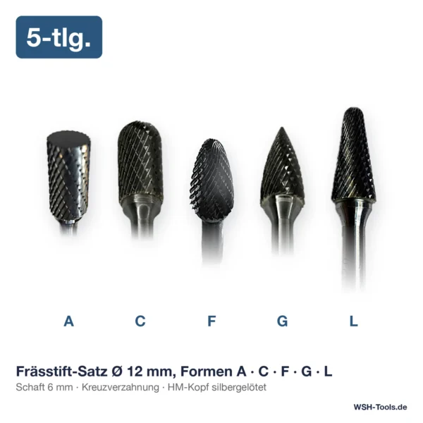 Frässtift-Satz Hartmetall Ø 12 mm, 5-tlg., Formen A, C, F, G, L beschriftet