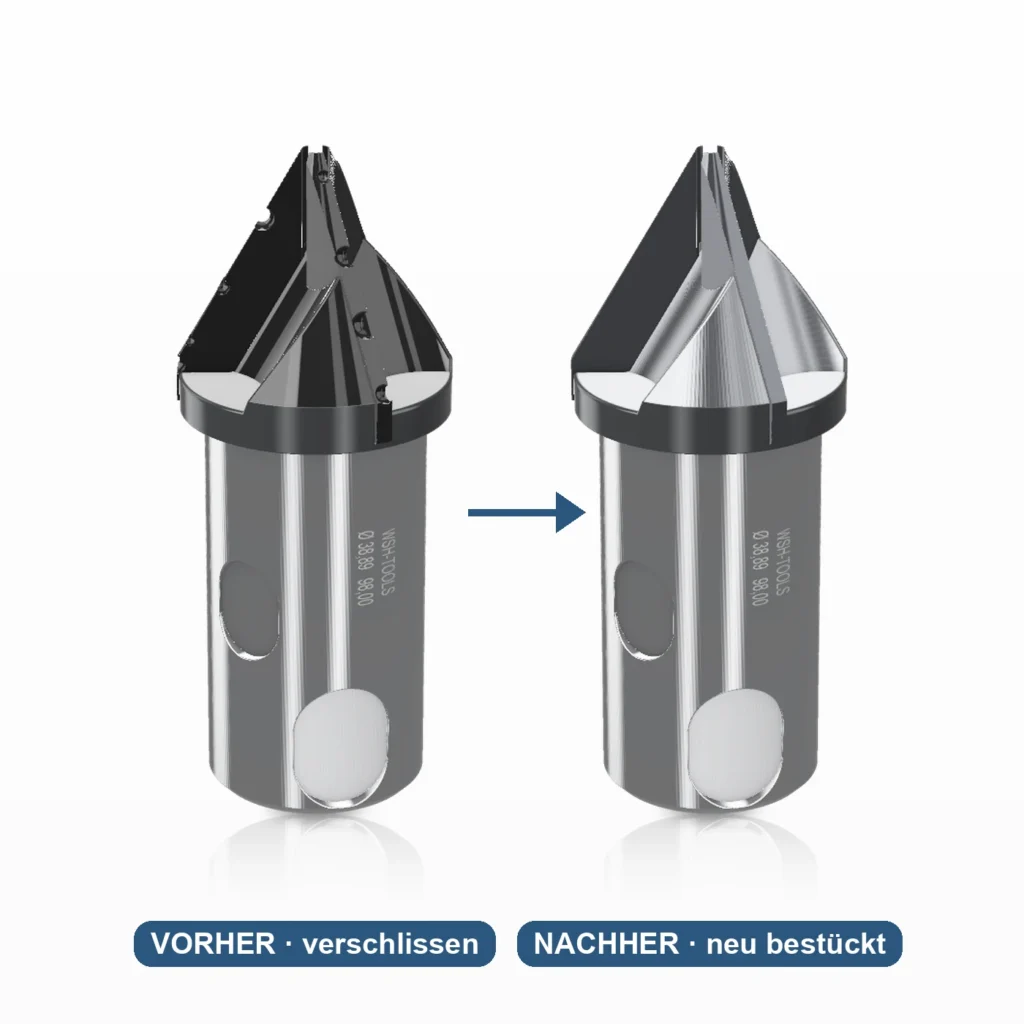 Vorher-Nachher: verschlissener Kegelsenker und neu mit Hartmetall bestückter Kegelsenker (Computerdarstellung)