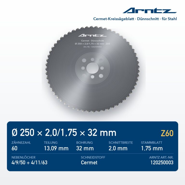 ARNTZ Cermet-Kreissägeblatt 250x2,0/1,75x32 Z60 für Stahl (120250003) – Computerdarstellung