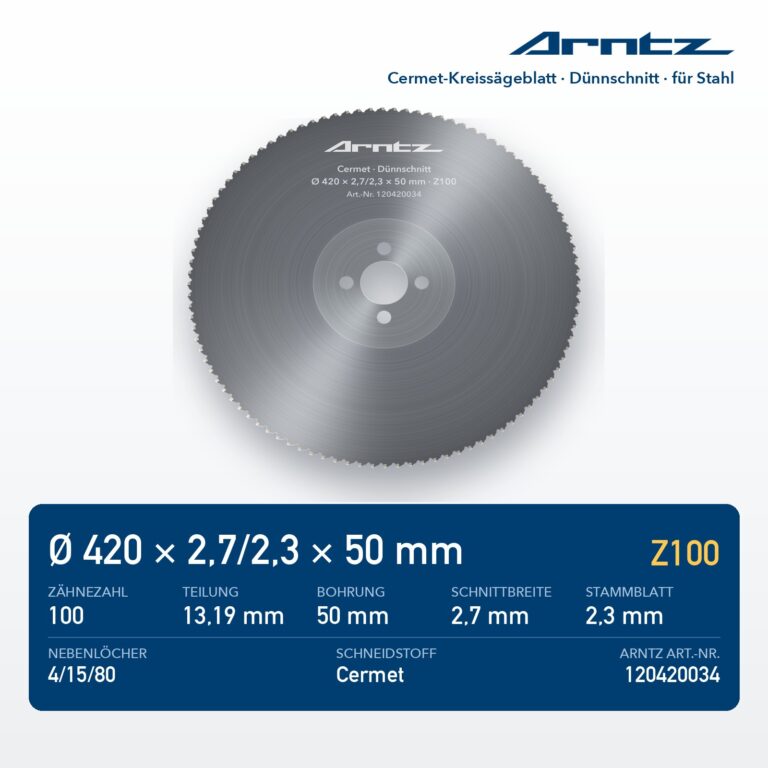 ARNTZ Cermet-Kreissägeblatt 420x2,7/2,3x50 Z100 für Stahl (120420034) – Computerdarstellung