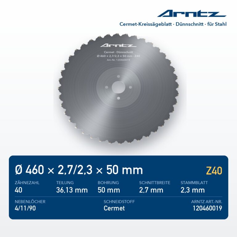 ARNTZ Cermet-Kreissägeblatt 460x2,7/2,3x50 Z40 für Stahl (120460019) – Computerdarstellung
