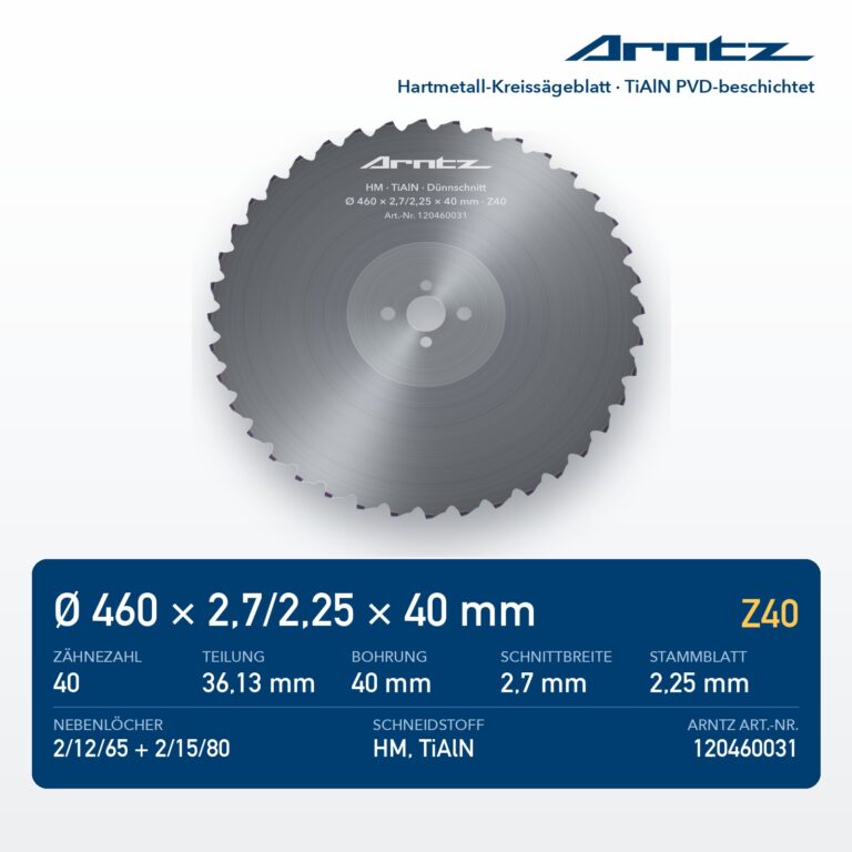 ARNTZ Hartmetall-Kreissägeblatt 460x2,7/2,25x40 Z40 TiAlN PVD-beschichtet (120460031) – Computerdarstellung