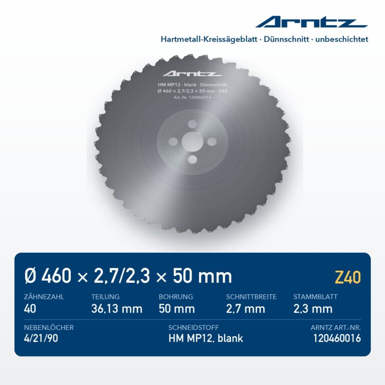 ARNTZ Hartmetall-Kreissägeblatt 460x2,7/2,3x50 Z40 unbeschichtet (120460016) – Computerdarstellung