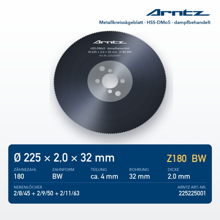 ARNTZ Metallkreissägeblatt HSS-DMo5 225x2,0x32 Z180 BW dampfbehandelt (225225001) – Computerdarstellung