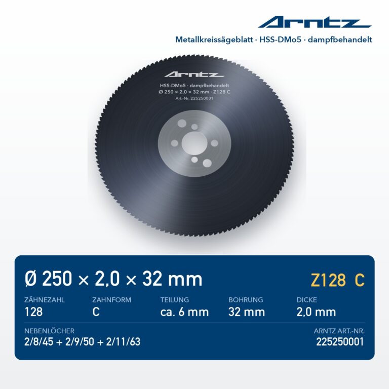 ARNTZ Metallkreissägeblatt HSS-DMo5 250x2,0x32 Z128 C dampfbehandelt (225250001) – Computerdarstellung