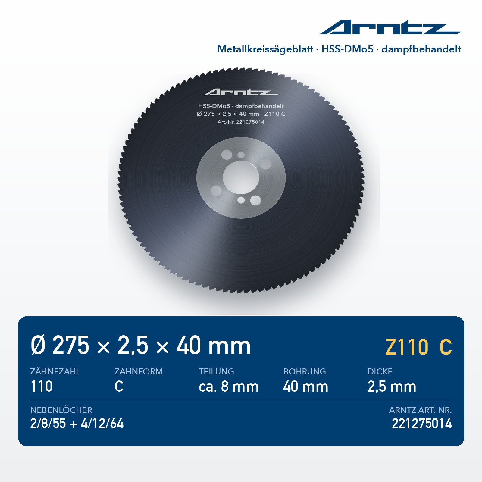 ARNTZ Metallkreissägeblatt HSS-DMo5 275x2,5x40 Z110 C dampfbehandelt (221275014) – Computerdarstellung