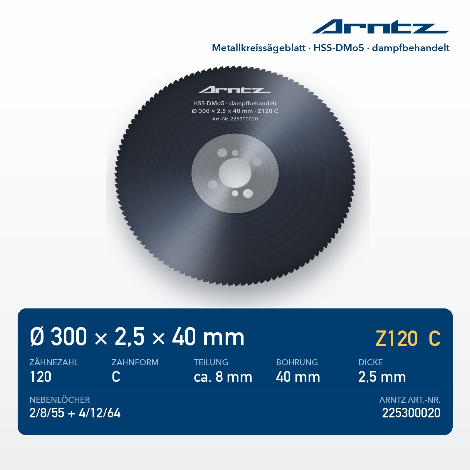 ARNTZ Metallkreissägeblatt HSS-DMo5 300x2,5x40 Z120 C dampfbehandelt (225300020) – Computerdarstellung