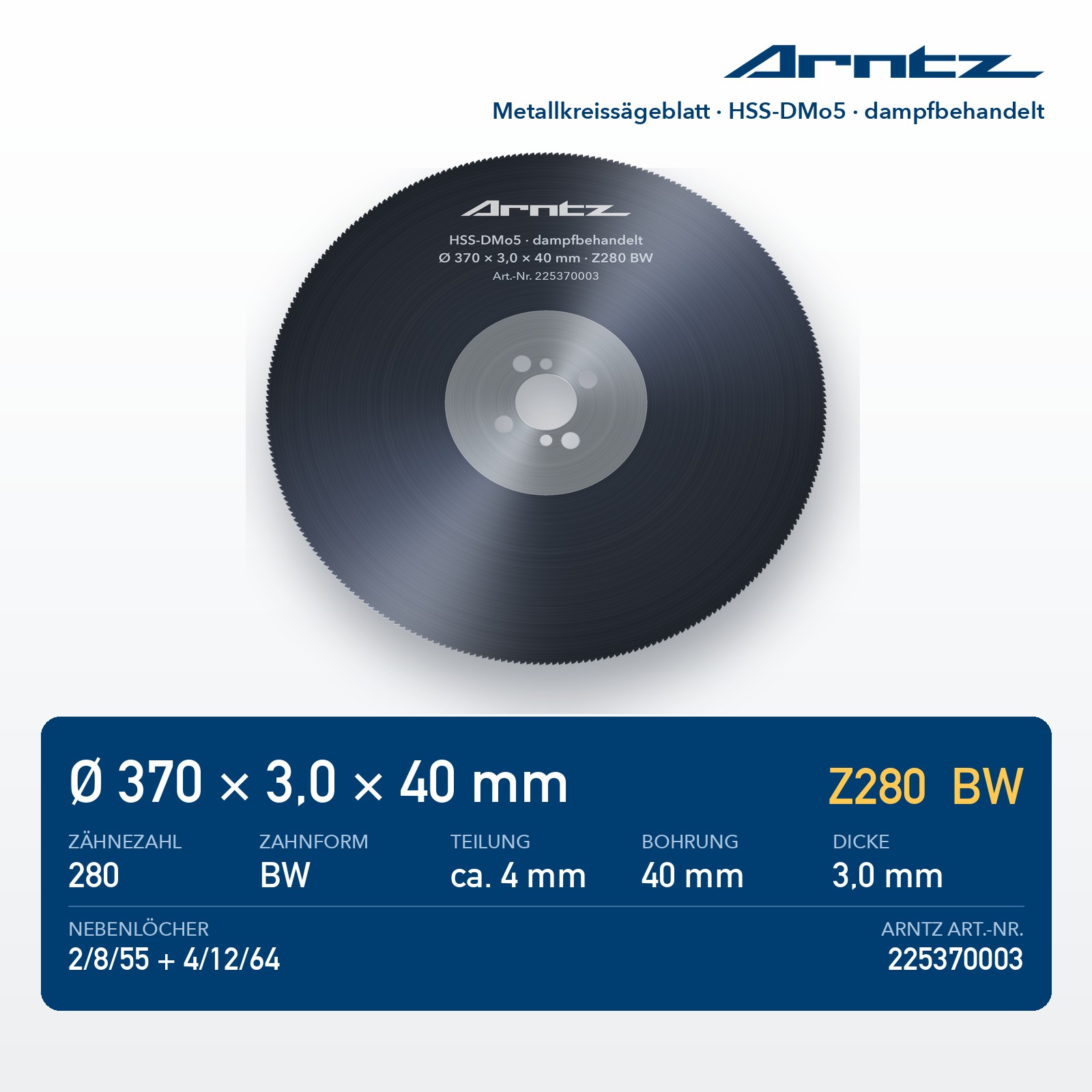 ARNTZ Metallkreissägeblatt HSS-DMo5 370x3,0x40 Z280 BW dampfbehandelt (225370003) – Computerdarstellung