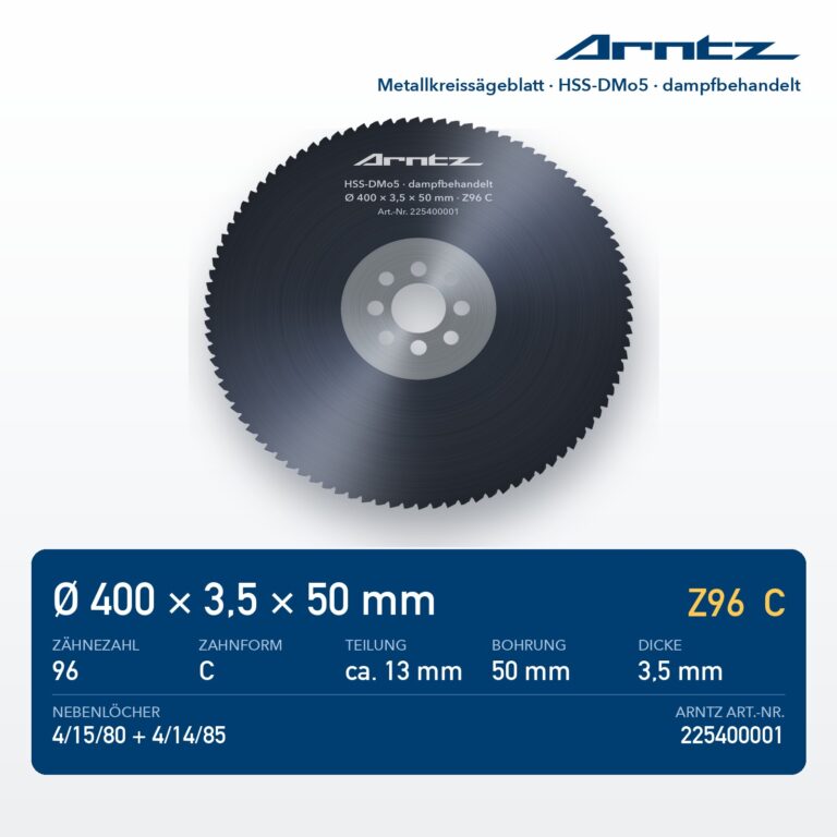 ARNTZ Metallkreissägeblatt HSS-DMo5 400x3,5x50 Z96 C dampfbehandelt (225400001) – Computerdarstellung