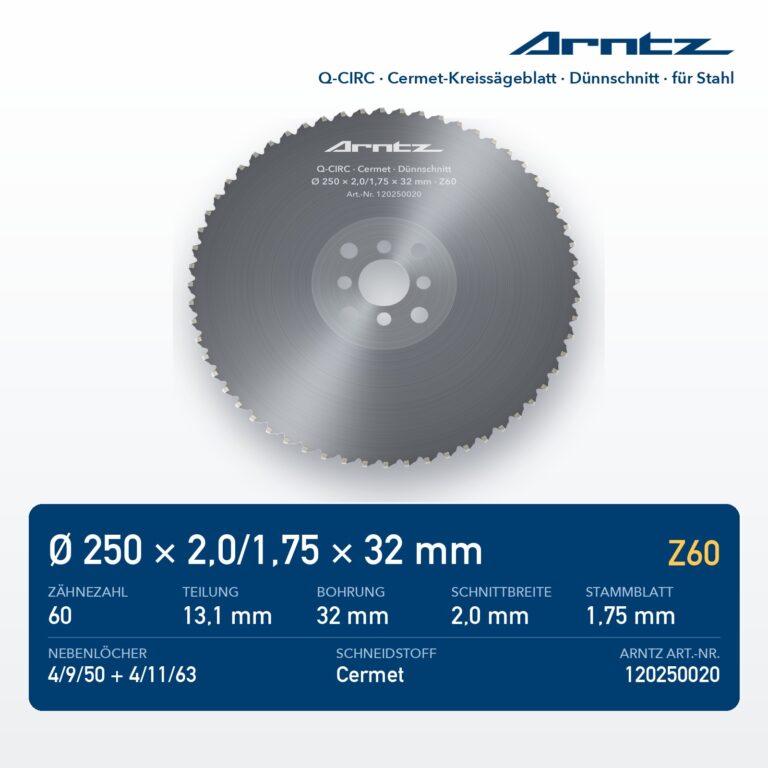 ARNTZ Q-CIRC Cermet-Kreissägeblatt 250x2,0/1,75x32 Z60 für Stahl (120250020) – Computerdarstellung