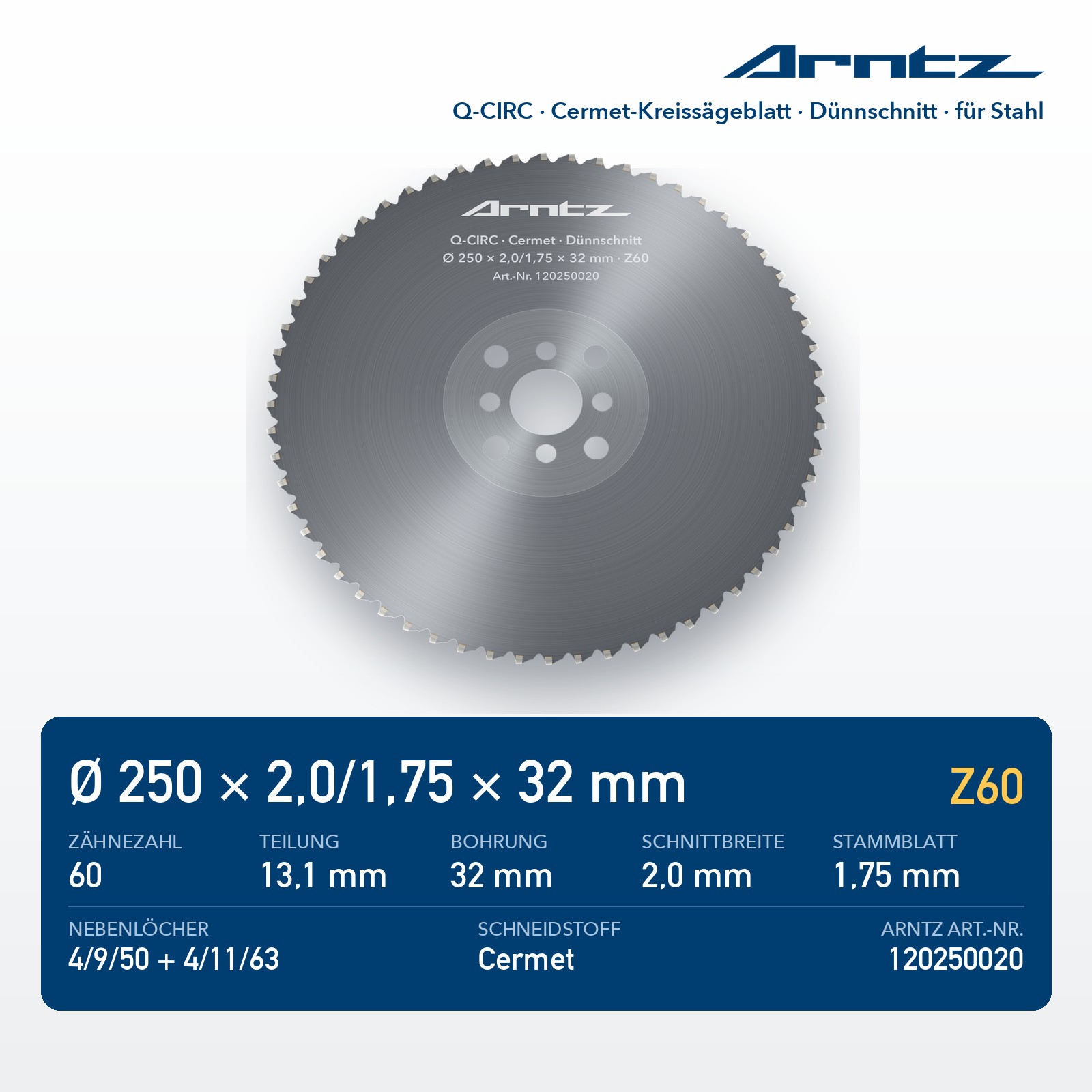 ARNTZ Q-CIRC Cermet-Kreissägeblatt 250x2,0/1,75x32 Z60 für Stahl (120250020) – Computerdarstellung