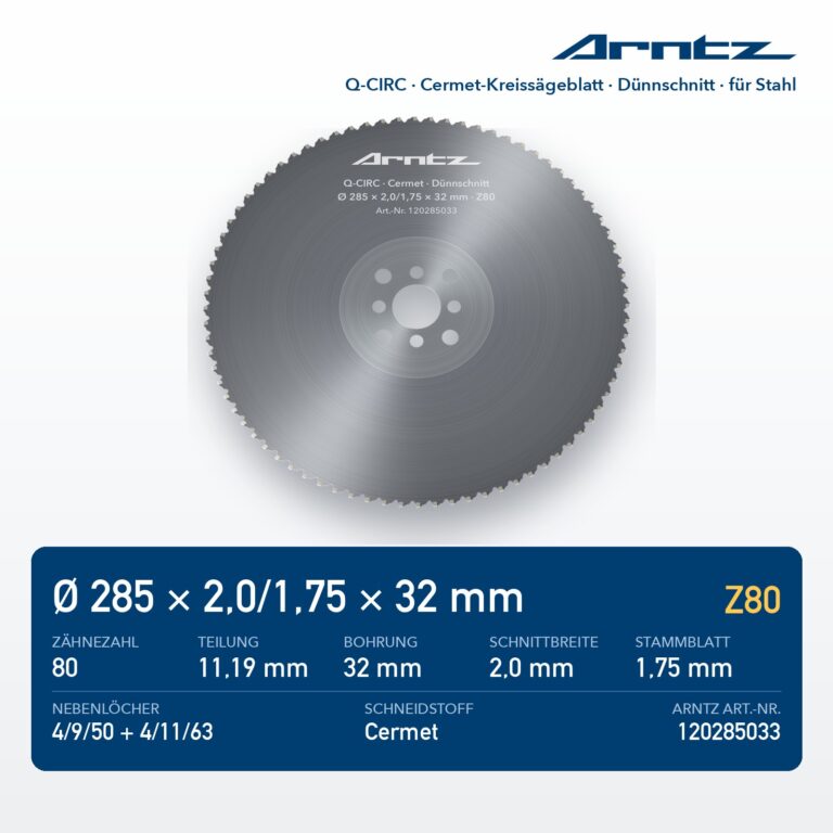 ARNTZ Q-CIRC Cermet-Kreissägeblatt 285x2,0/1,75x32 Z80 für Stahl (120285033) – Computerdarstellung
