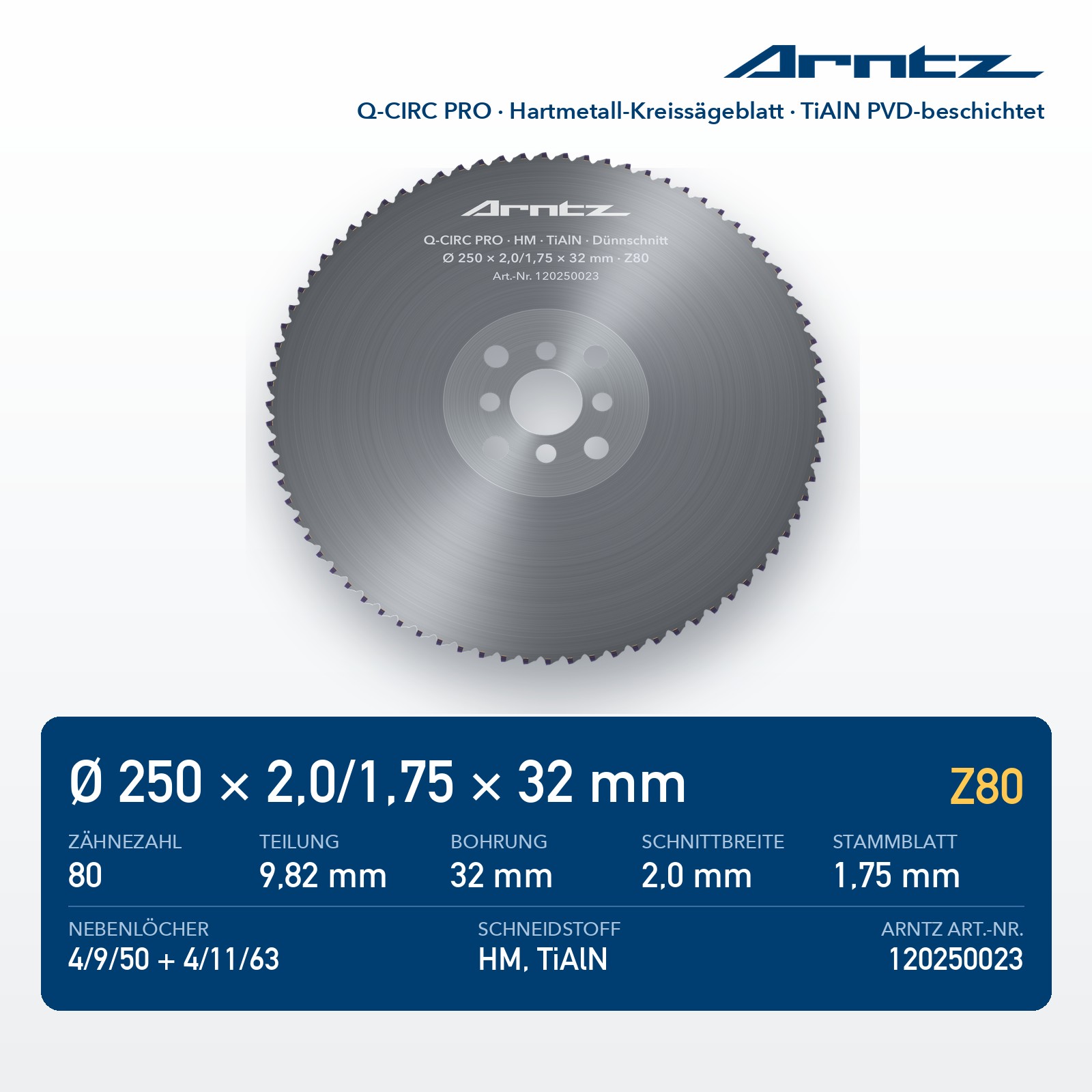 ARNTZ Q-CIRC PRO Hartmetall-Kreissägeblatt 250x2,0/1,75x32 Z80 TiAlN PVD-beschichtet (120250023) – Computerdarstellung