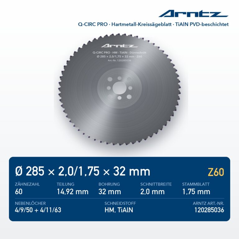 ARNTZ Q-CIRC PRO Hartmetall-Kreissägeblatt 285x2,0/1,75x32 Z60 TiAlN PVD-beschichtet (120285036) – Computerdarstellung