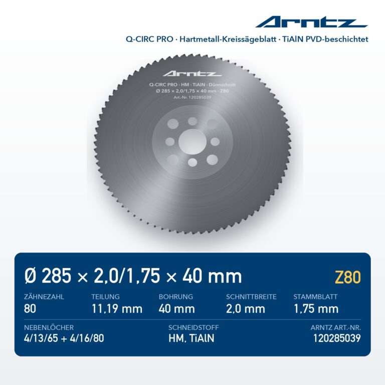 ARNTZ Q-CIRC PRO Hartmetall-Kreissägeblatt 285x2,0/1,75x40 Z80 TiAlN PVD-beschichtet (120285039) – Computerdarstellung