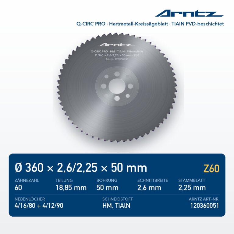 ARNTZ Q-CIRC PRO Hartmetall-Kreissägeblatt 360x2,6/2,25x50 Z60 TiAlN PVD-beschichtet (120360051) – Computerdarstellung