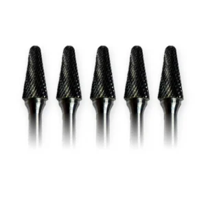 Hartmetall-Frässtift Form L Rundkegel (KEL) Ø 12 × 28 mm, Schaft 6 mm, Kreuzverzahnung – 5er-Pack
