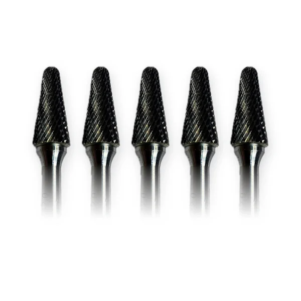 Hartmetall-Frässtift Form L Rundkegel (KEL) Ø 12 × 28 mm, Schaft 6 mm, Kreuzverzahnung – 5er-Pack