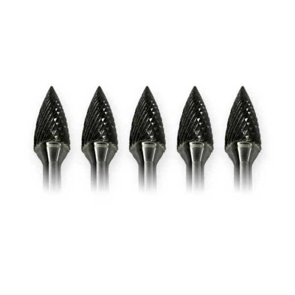 Hartmetall-Frässtift Form G Spitzbogen (SPG) Ø 12 × 25 mm, Schaft 6 mm, Kreuzverzahnung – 5er-Pack